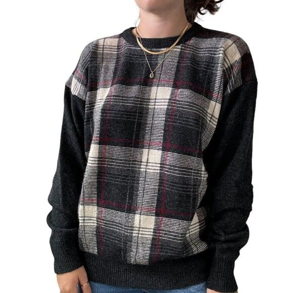 Vintage John Ashford 100% Lambswool Plaid Preppy Fall Grunge Sweater Sz L - Picture 3 of 8